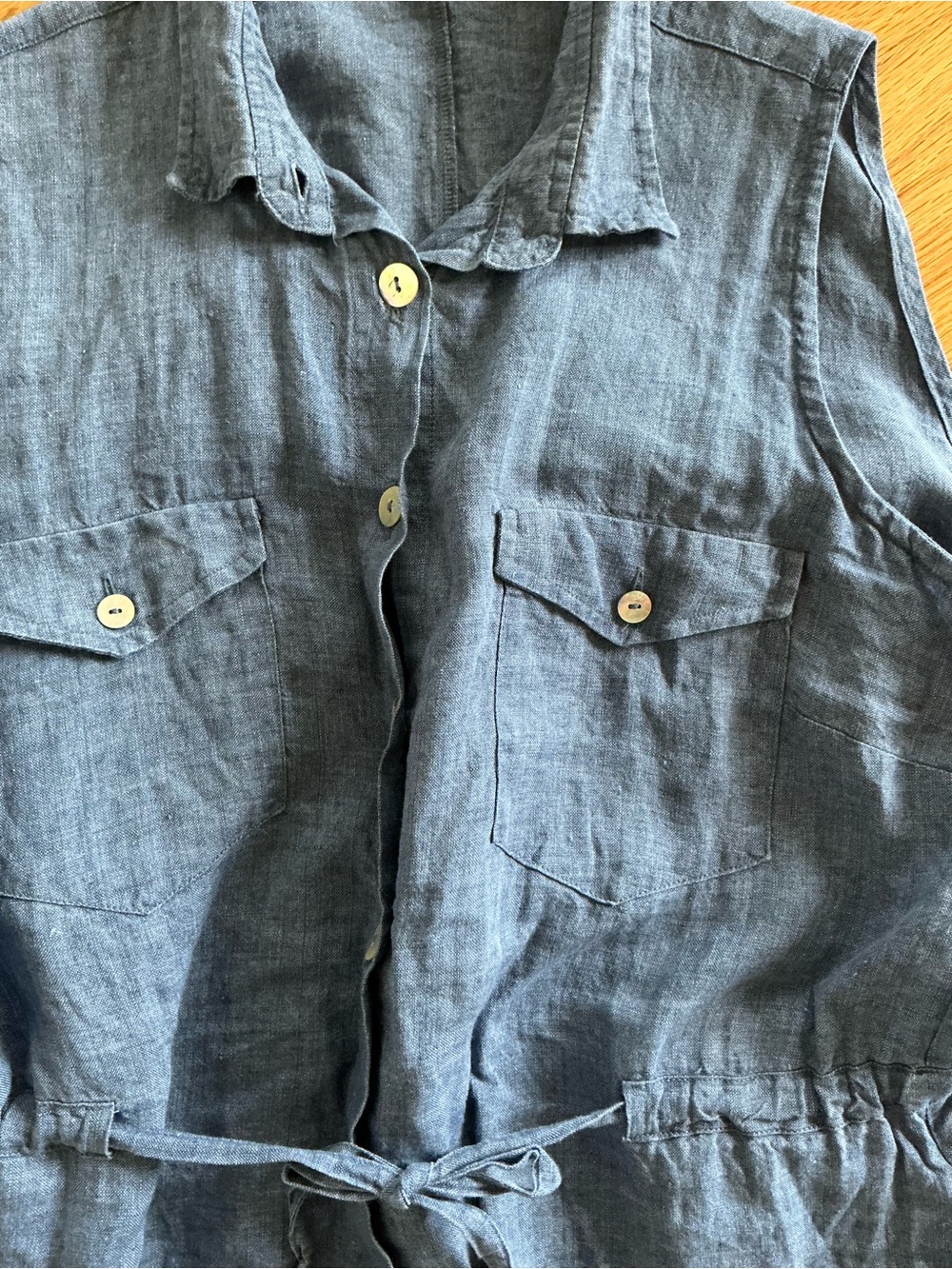 Sleeveless Button-Front Linen Dress - Blue - Picture 5 of 7